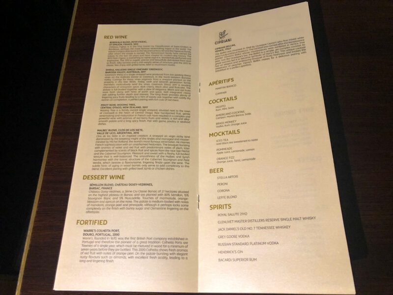 Etihad first class drink menu continued