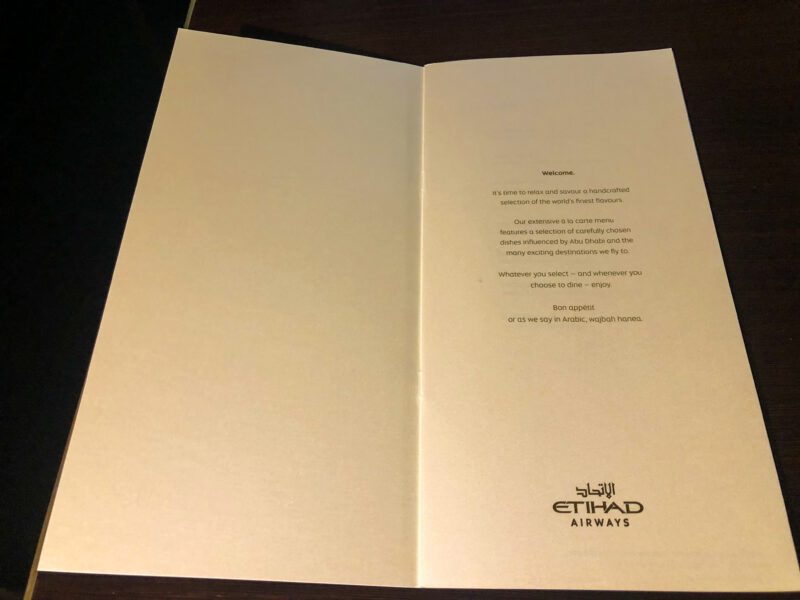 Etihad first class food menu title page