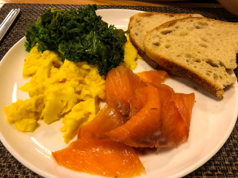 Qantas First Class Lounge Lax Scrambled Eggs With Smoked Salmon, Kale And Parsley
