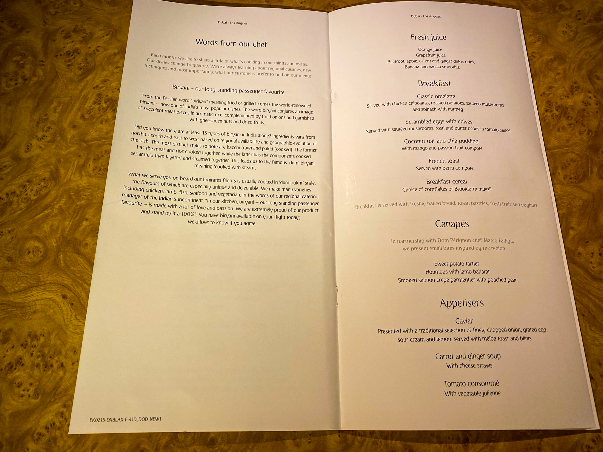Emirates 777 First Class Food And Beverage Menu
