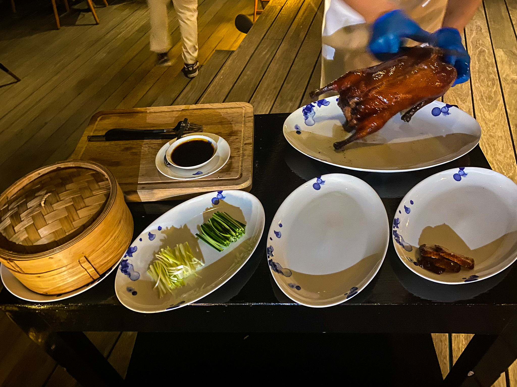 Waldorf Astoria Maldives Ithaafushi Li Long Peking duck preparation