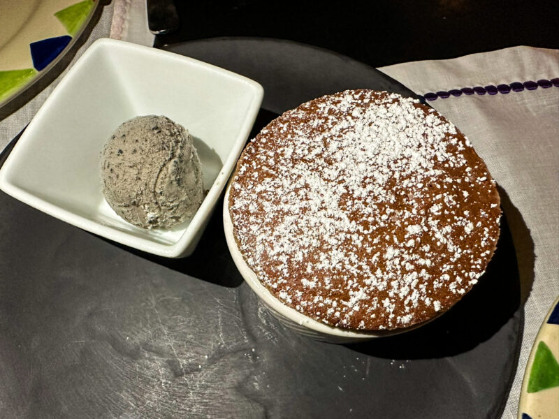 Alebrije chocolate souffle with black sesame ice cream